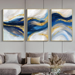 Golden Blue Abstract Ocean Canvas Painting