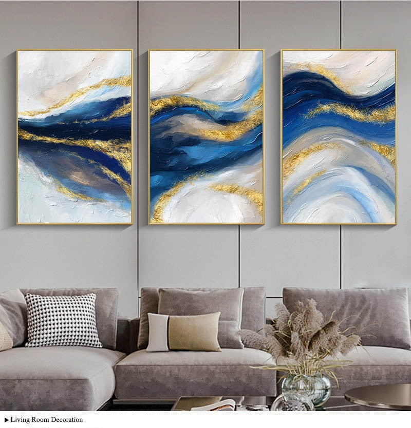 Golden Blue Abstract Ocean Canvas Painting