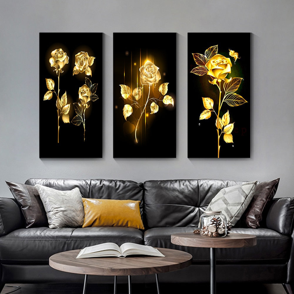 Golden Flower Leaf 3PCS Painting