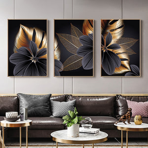 Black Golden Flower Painting (3PCS) Framed